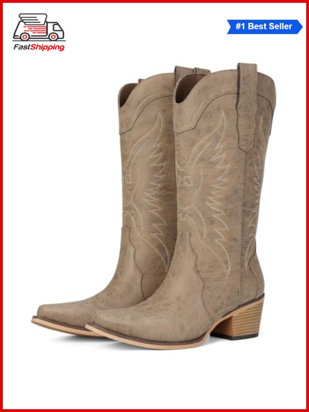 Western Cowboy Boots Womens Faux Leather Snip Toe Mid Calf Chunky Heel